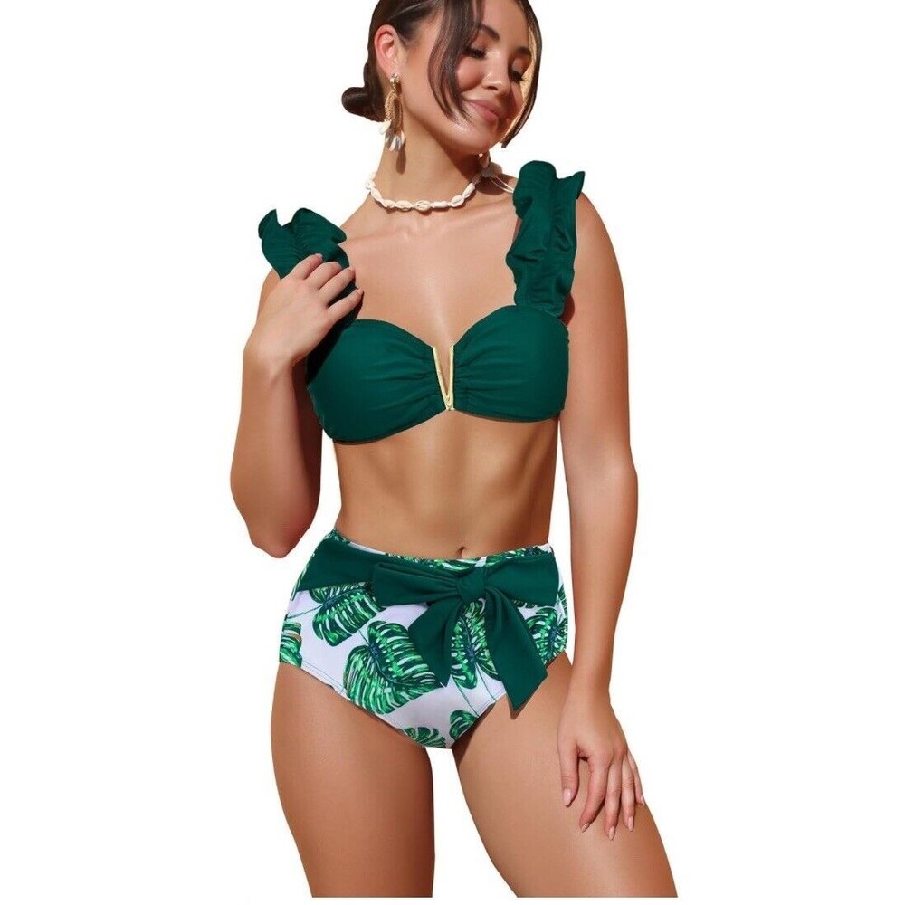 SPORLIKE Women High Waisted Swimsuit V Neck Ruffle Bikini Set (Green